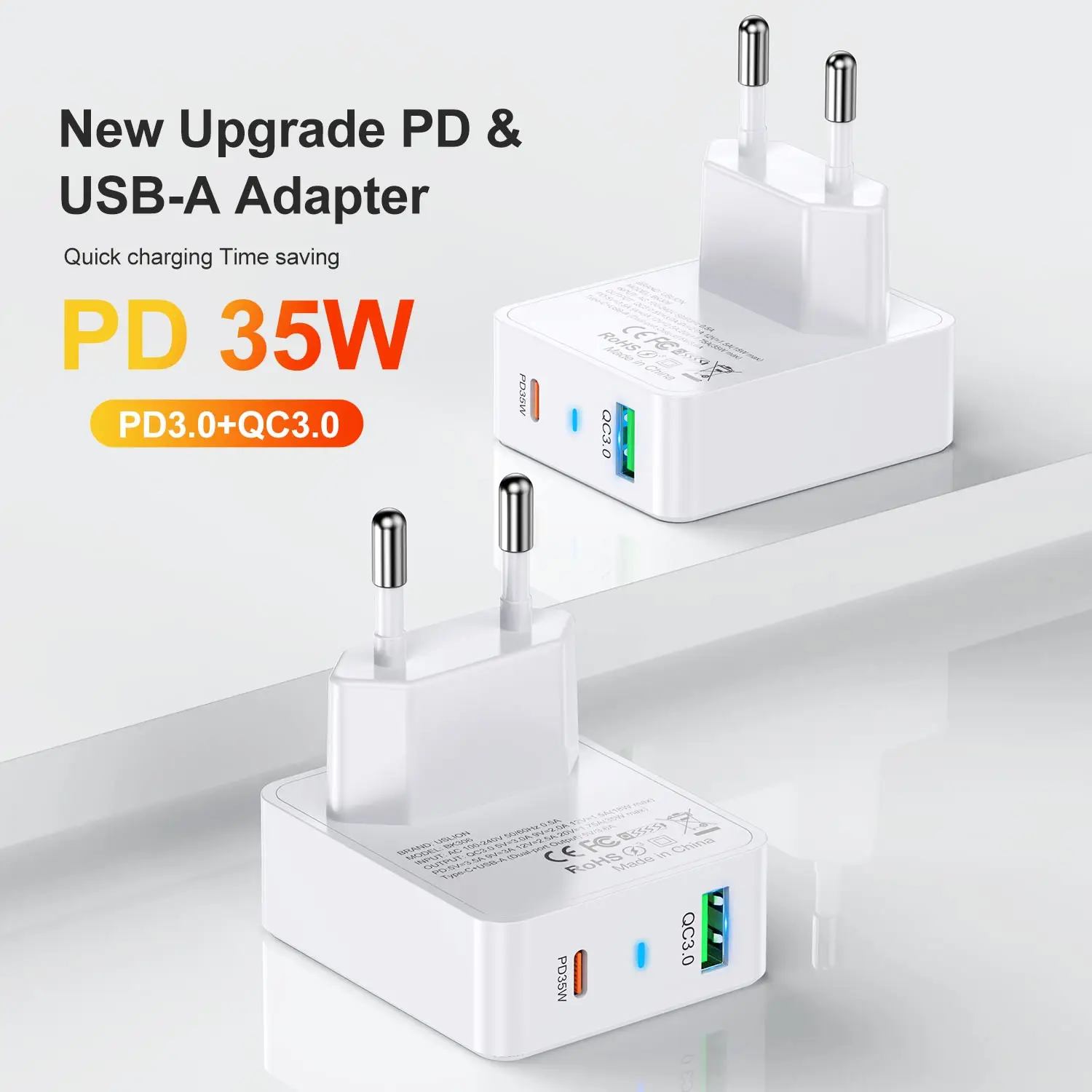 EU/US/KR Plug PD 35W USB C Cable QC3.0 Type C GaN Fast Charger for iPhone 15 Pro Samsung Xiaomi Huawei Universal Quick Charger