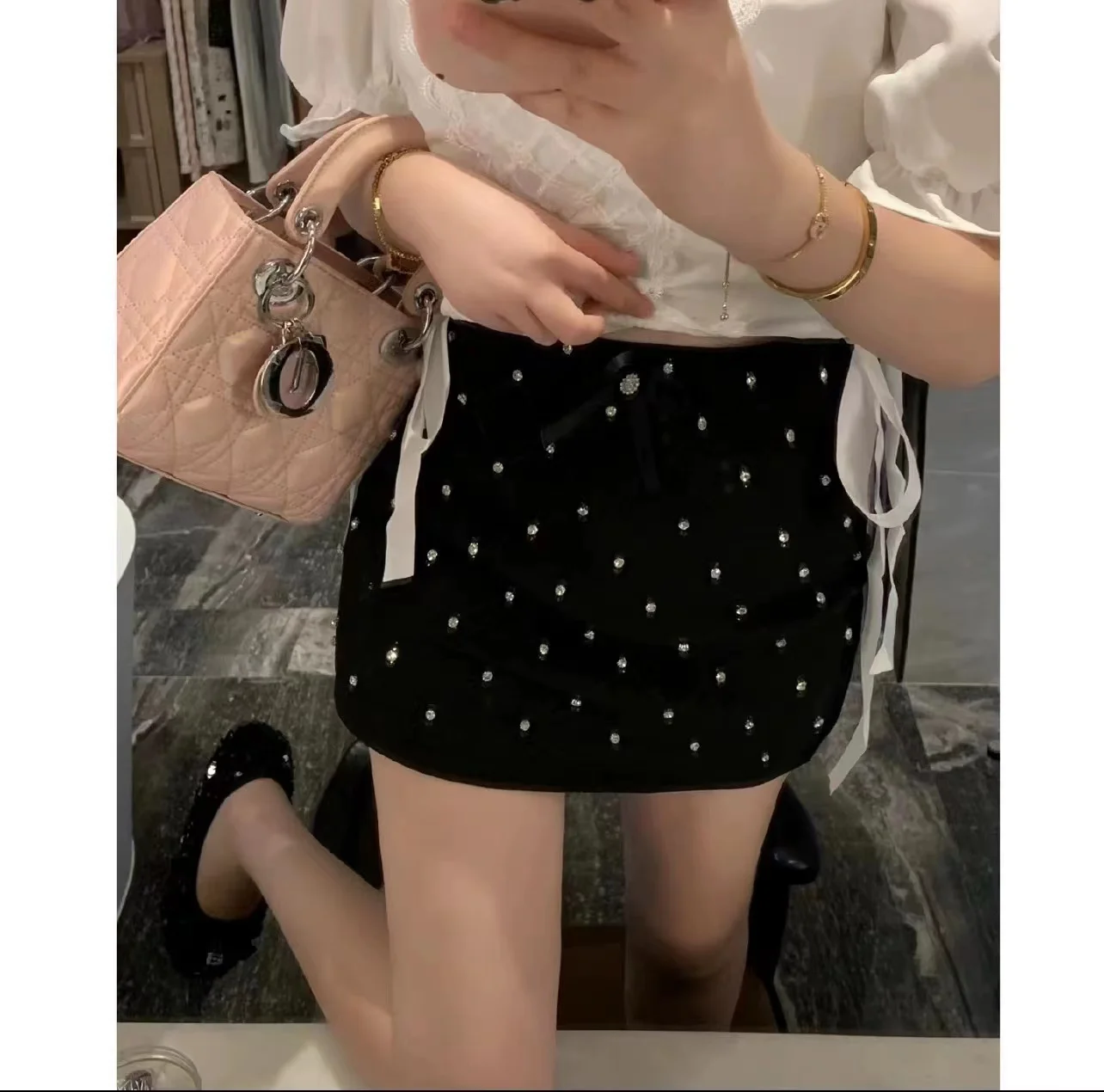 Luxury Diamonds Stitch Skirt 2024 Spring Summer New In Short Skirt High Waist Slim Half Skirt Women's Black Sexy Mini Skirt Pant