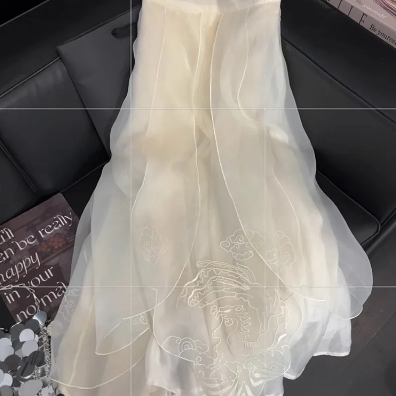 New Chinese Style Heavy Embroidery Midi Skirt Women's White Fairy Gentle Wind 2026 New Versatile Mid-Length Umbrella Skirt