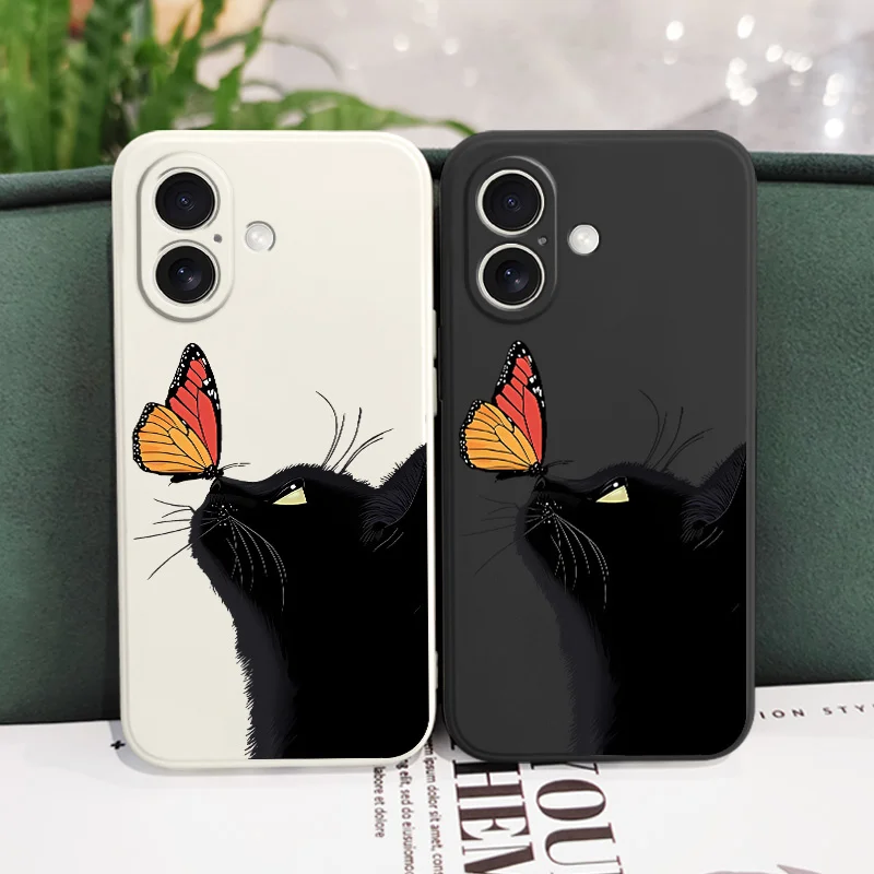 Butterfly Black Cat Phone Case For iPhone 16 15 14 13 12 11 X XR XS Plus Pro Max Mini Silicone Cover