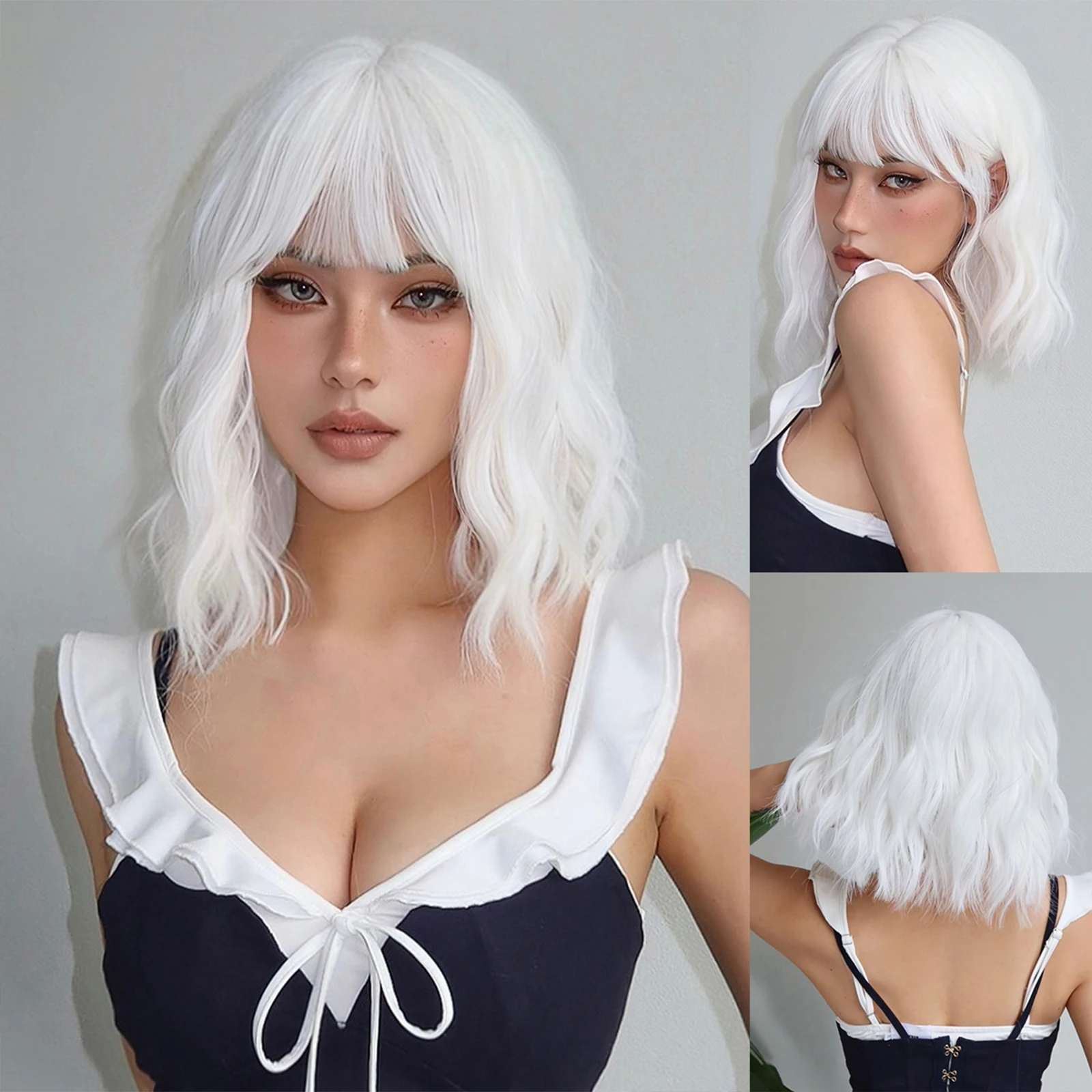 Short Wavy White Synthetic Wig for Women Helloween Cosplay Hair Bob Wigs With Bangs Lolita Party Heat Resistant Natural Wig
