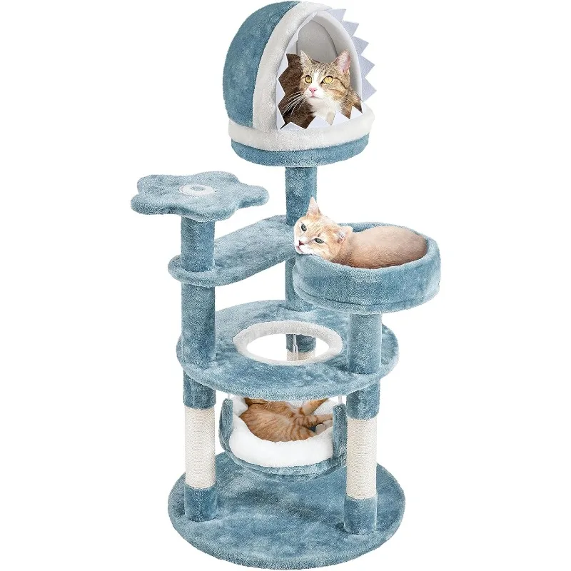 45.5in Ocean-Themed Cat Tree Multi-Level Cat Tower, Plush Furniture with Shark's Mouth-Shaped Nest, Sea Star-Shaped Perch