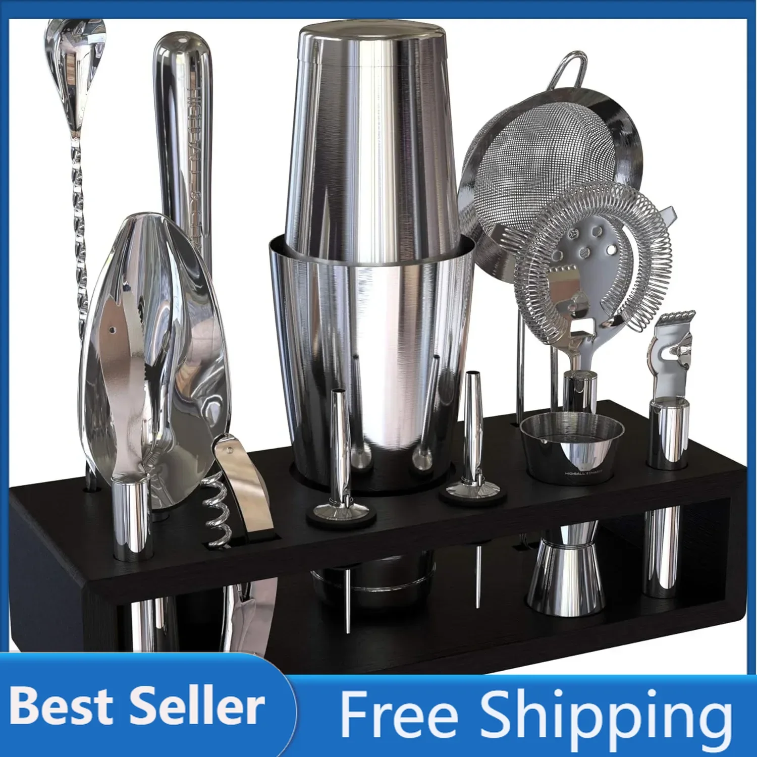 Highball &Chaser 13-Piece Boston Cocktail Shaker Set Stainless Steel Mixology Bartender Kit With Stand For Home Bar Cocktail Set