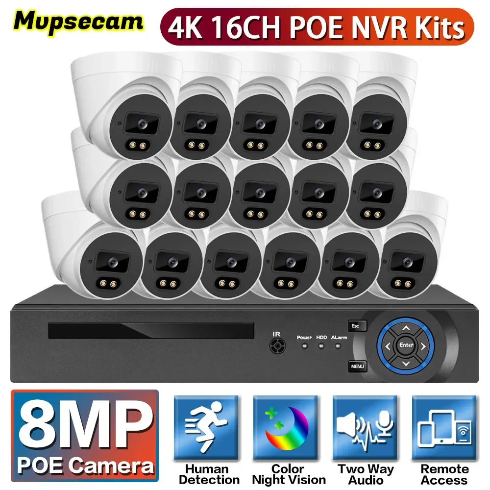 

16CH 4K POE NVR System 8MP HD POE Security IP Camera Color Night Vision Human Detect Remote Access Smart Video Surveillance Kit