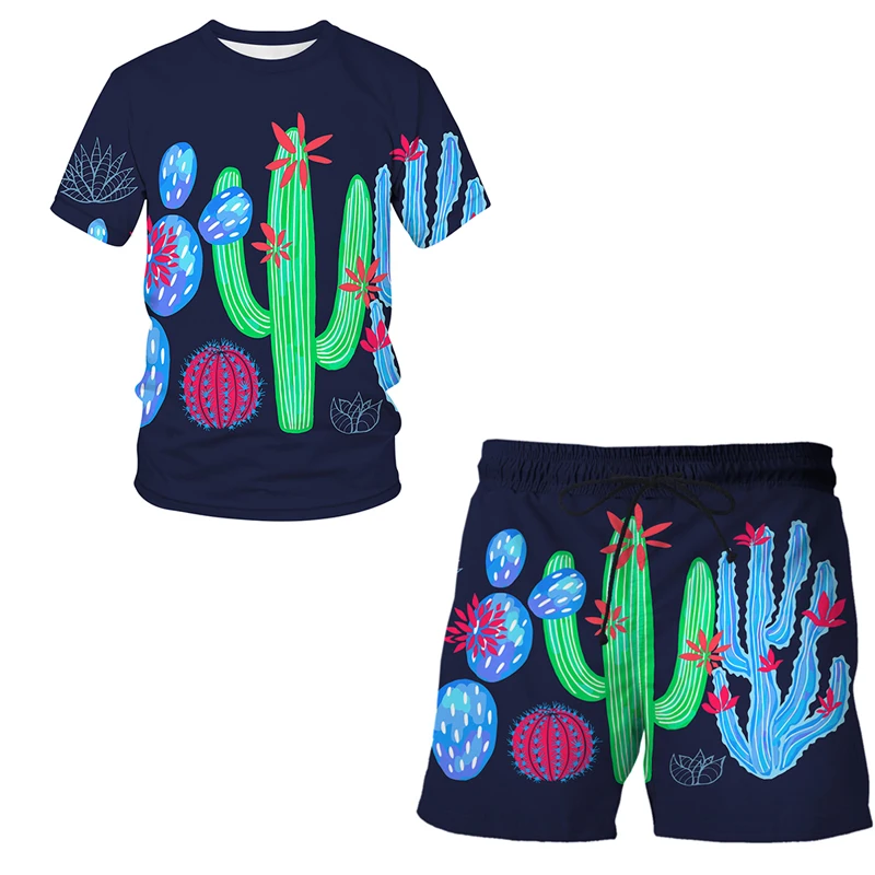 Conjunto de camiseta y pantalones cortos con estampado 3D de plantas y animales coloridos para hombre, chándal de manga corta con cuello redondo, traje de verano