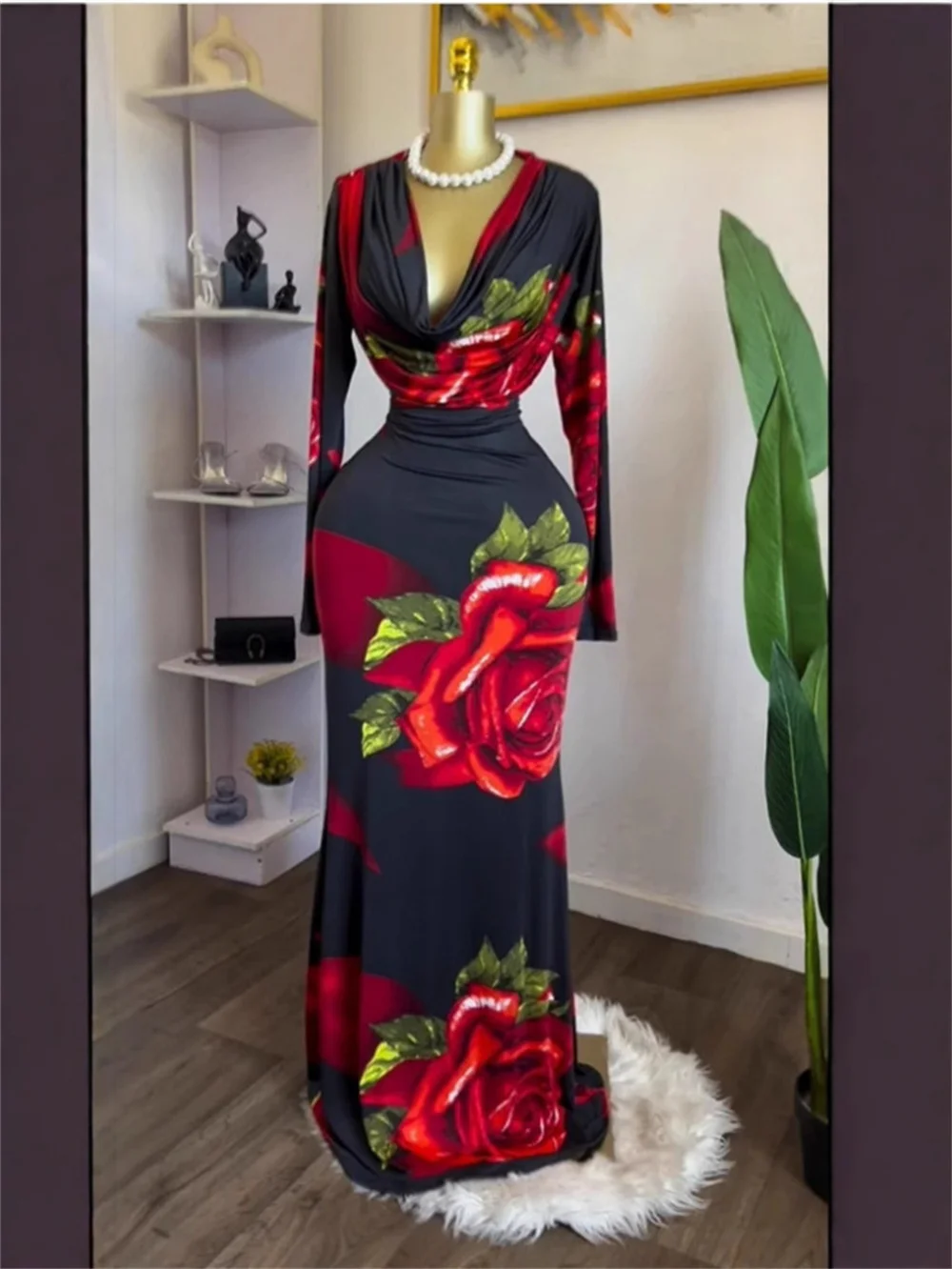 

Sexy Long Sleeve Flower Printting Deep V Neck Design Dress for Women Elegant Birthday Celebrity Gown Night Club Show Wear