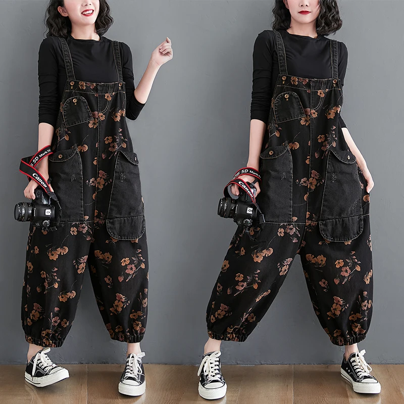 

Loose Jeans jumpsuits playsuits Women Casual Oversized Baggy Ladies Pants Big Pockets Print Floral Denim Overalls Straps