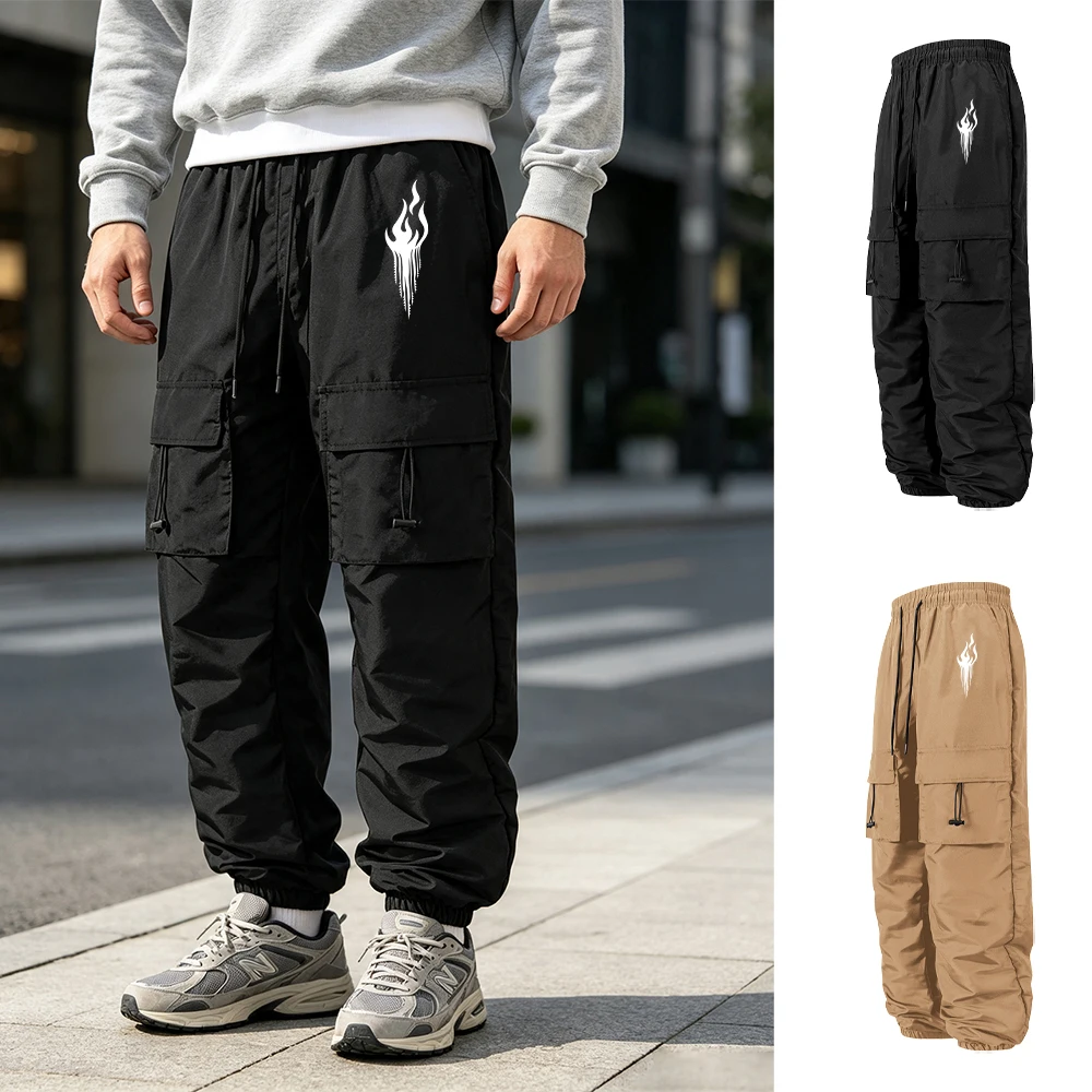 Men's Fun Flame Print Casual Trousers Drawstring Adjustable Multi Pocket Cargo Trousers Windproof Street Style Sports Pants