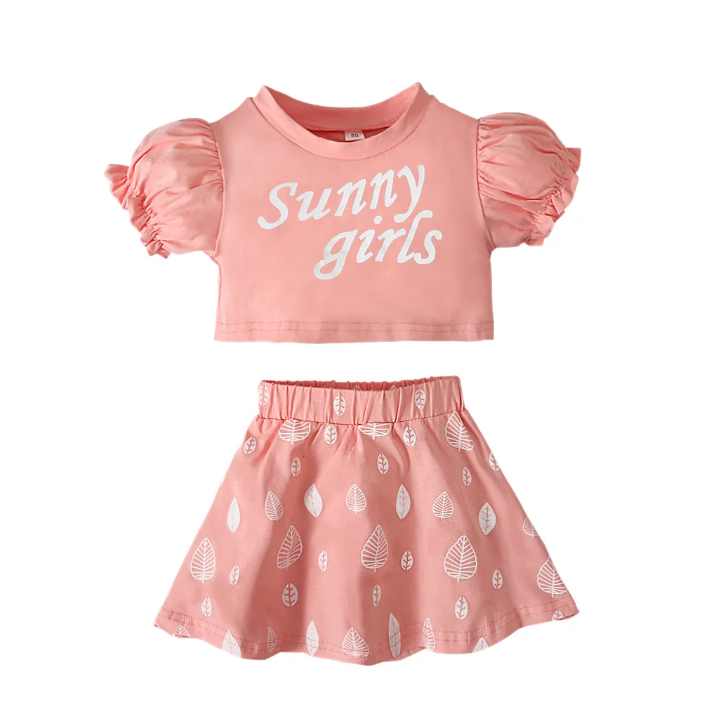 Summer Baby Girl Clothes Kid Tracksuit Puff Sleeve Tanks Crop Tops Skirt 2Pcs Set Pink Cute Sport Costume Children Clothing A429