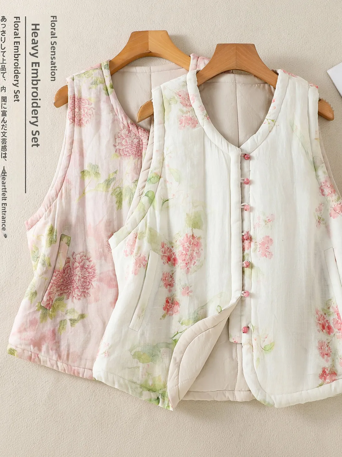 

New Chinese Sle Thiened Cotton Linen Print Vest Women's Autumn Outerwear Warm Svel Jaet V-ne Single Button