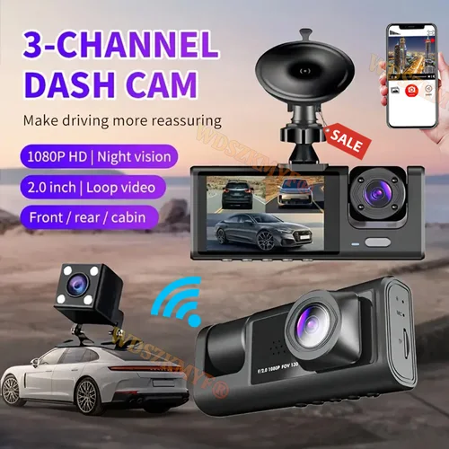Cámara de salpicadero DVR 1080P para coche, aplicación WIFI de 3 canales, cámara de grabación de doble lente para coche, cámara de visión trasera opcional, accesorio para coche