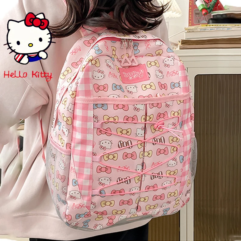 Kawaii Hello Kitty Pink Soft Girl School Bag Cartoon Y2K Girl Bow Print Oxford Cloth Travel Backpack Cute Fashion Large Capacity