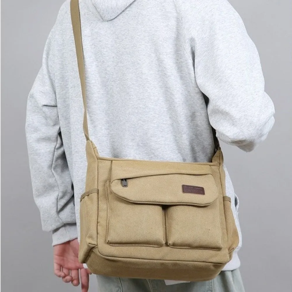 

Simple Large Capacity Men Canvas Shoulder Bag Solid Color Korean Style Messenger Bag Zipper All-match Crossbody Bag Electrician