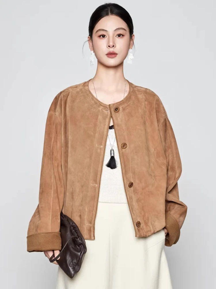 

O-neck Short Genuine Leather Jackets for Women Spring Autumn 2026 New High-end Simple Loose Vintage Real Goatskin Suede Coat