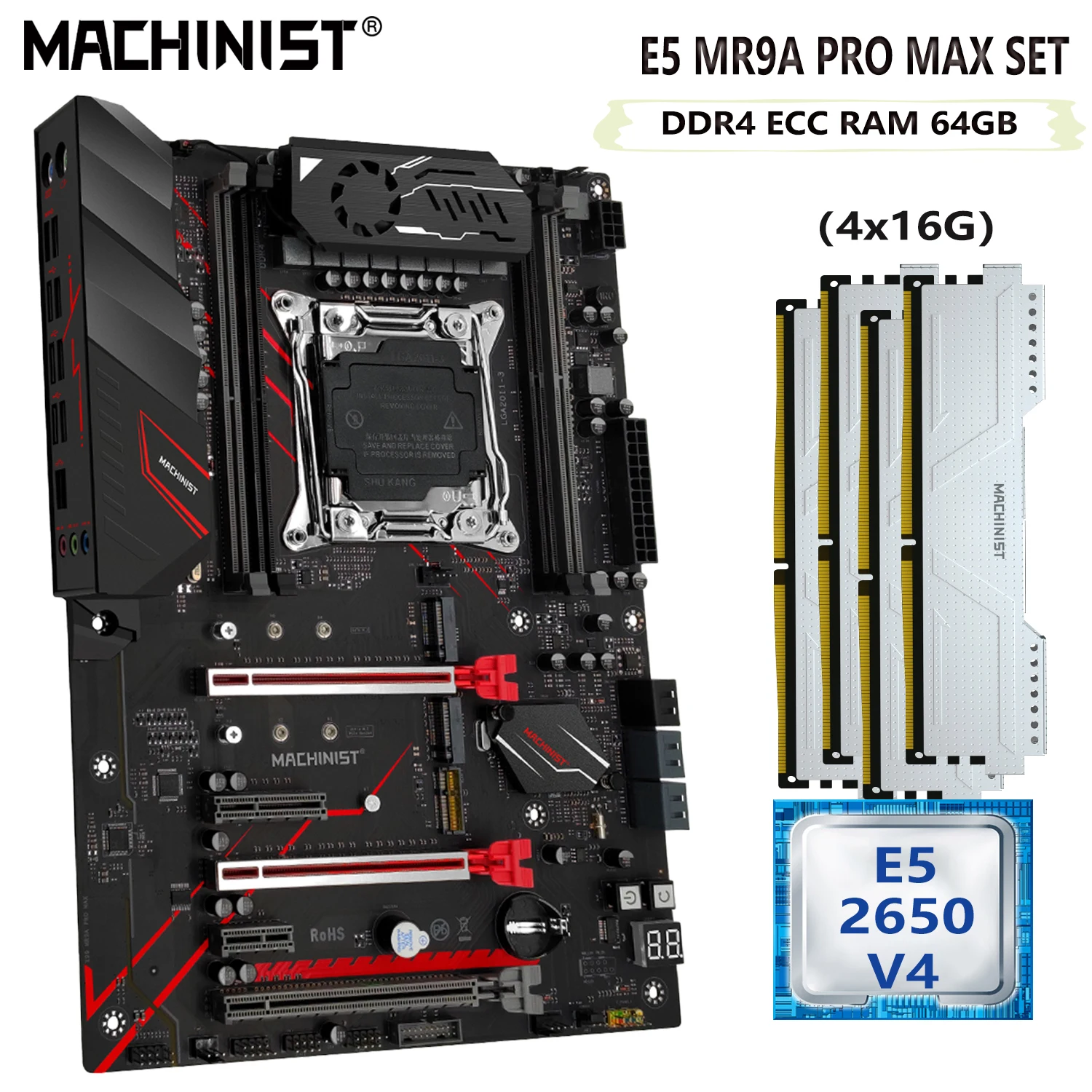 MACHINIST X99 Set Motherboard LGA 2011-3 Kit Xeon E5 2650 V4 CPU 64GB(4x16G) DDR4 ECC RAM Memory Sata M.2 Nvme ATX MR9A PRO MAX