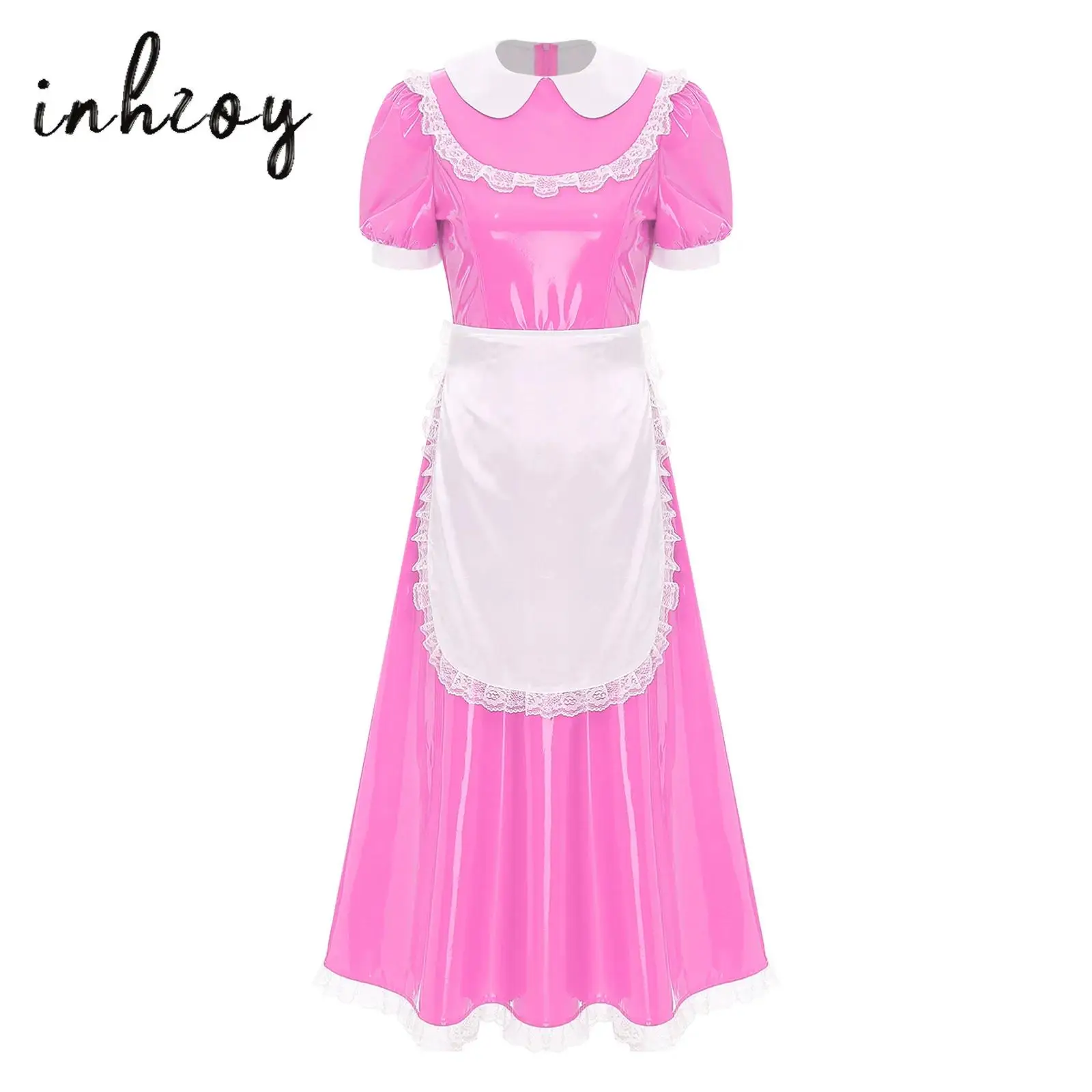 

Womens Halloween Cosplay Costume French Maid Roleplay Dress with Apron Satin Lapel Collar Lace Trim Short Sleeve Wet Look Dress