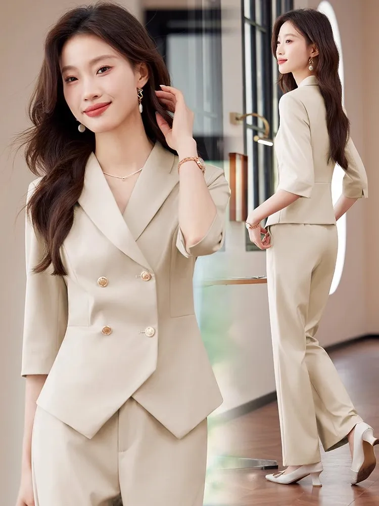 Summer Thin Women's Suit Set Professional Workwear Short Outerwear Seven-Quarter Sleeve Regular Fit Business Style