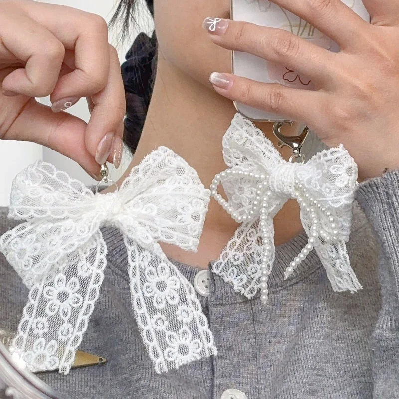 

Korean Cute Lace Bow Pearl Beaded Phone Pendant Chain Accessories Aesthetic Ballet Shoes Camera Bag Decoration Keychain Gift