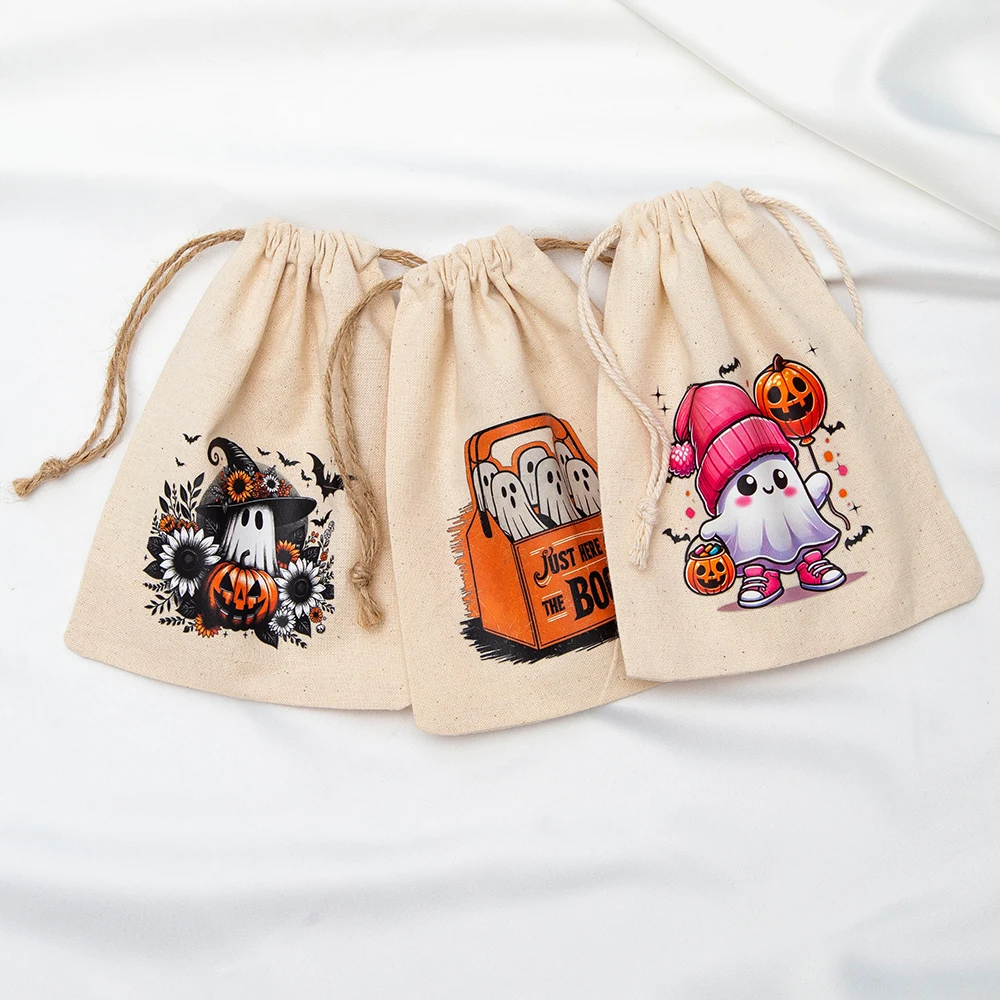 12Pcs Halloween Cotton Jewelry Drawstring Bag Ghost Goodies Packing Party Linen Bundle Canvas Pumpkin Pocket Candy Storage Pouch