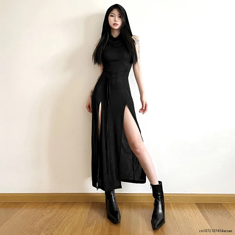 

Sexy Hooded Dress Sleeveless Off Shoulder Split Hollow Out Backless 2024 Summer Fashion Solid Long Bodycon Party Street