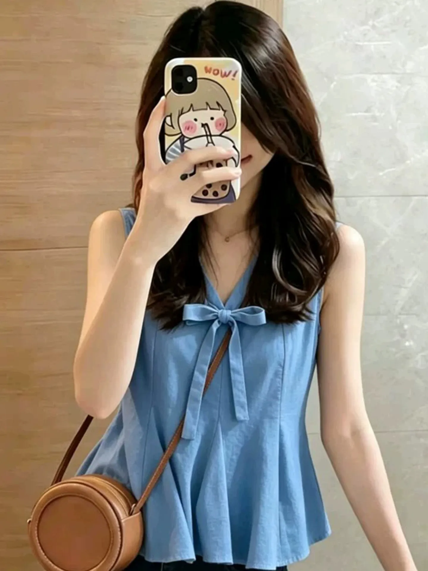 Blue V-neck Sleeveless Vest Women's Summer  Knot Waist-cinching Anti-aging Top Brand Buckle Euro-style Ladies' Wear