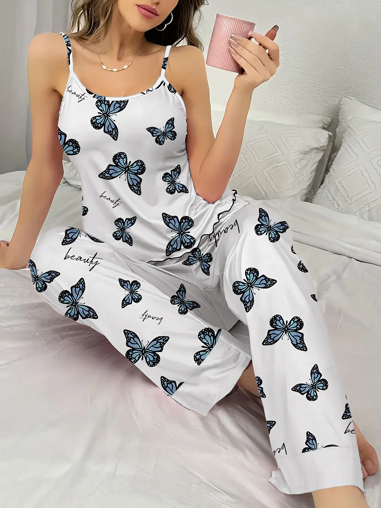 

Women's Four-Season Camisole with Blue Butterfly Print, Romantic Atmosphere Pajamas,