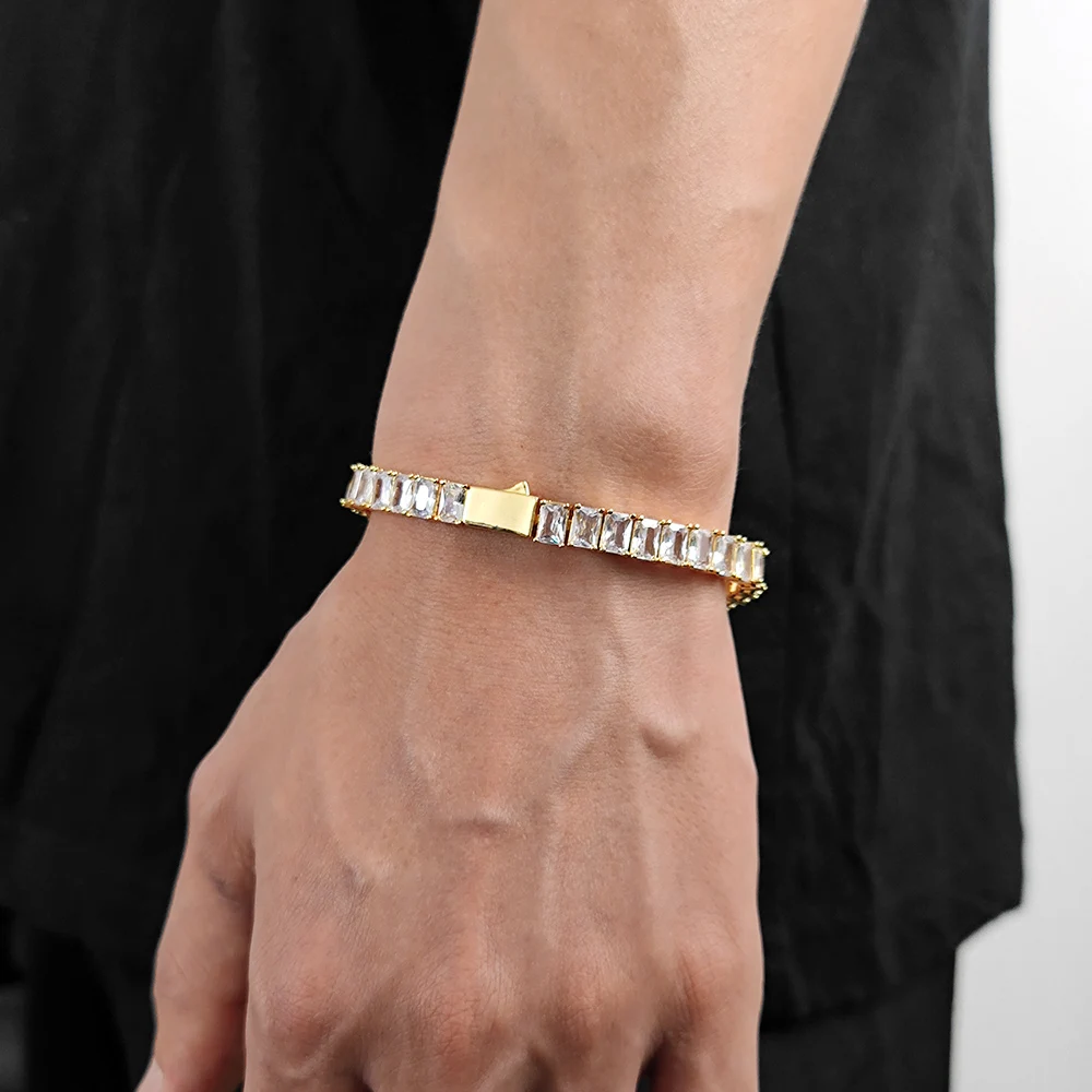 

NY Women's 18K Gold Plated Brass Tennis Chain 6mm Rectangular Cubic Zirconia Hip Hop Fine Jewelry Tennis Chains Bracelet