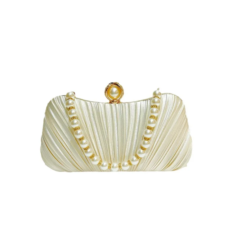 

New satin - faced banquet bags, ruffled handbags, women's pearl - designed party bags