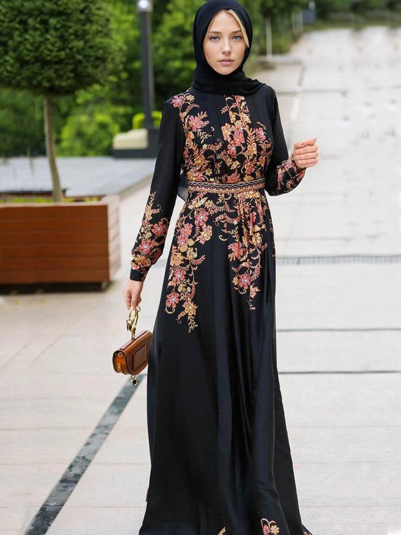 Elegant Floral Muslim Dress Turkey Abaya Hijab Vestidos Women Fashion Robe Bohemain Printed Sundress Islamic Clothing