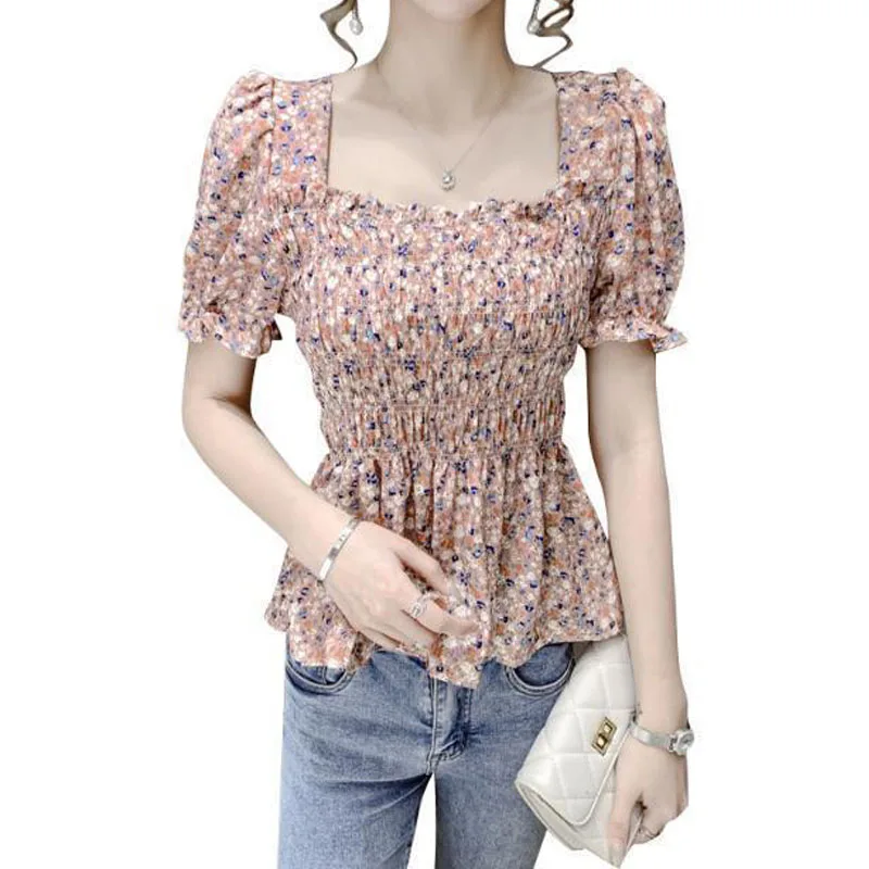 Korean Fashion Square Collar Printing Chiffon Tops Skinny All-match Ladies Elegant Puff Sleeve Tee Summer 2023 Women\'s Clothing