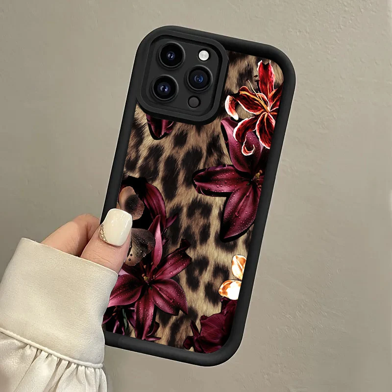 Lily Leopardenmuster Handyhülle mit Trageriemen für iPhone 12 13 14 15 16 17 ProMax 15 14 13 Pro Plus Stoßfeste Matte Silikonhülle – Detail 5