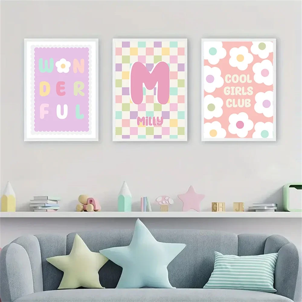 

Cartoon Purple White Floral Posters Custom Name Wall Art Canvas Painting Nursery Print Pictures Nordic Poster Girls Room Decor