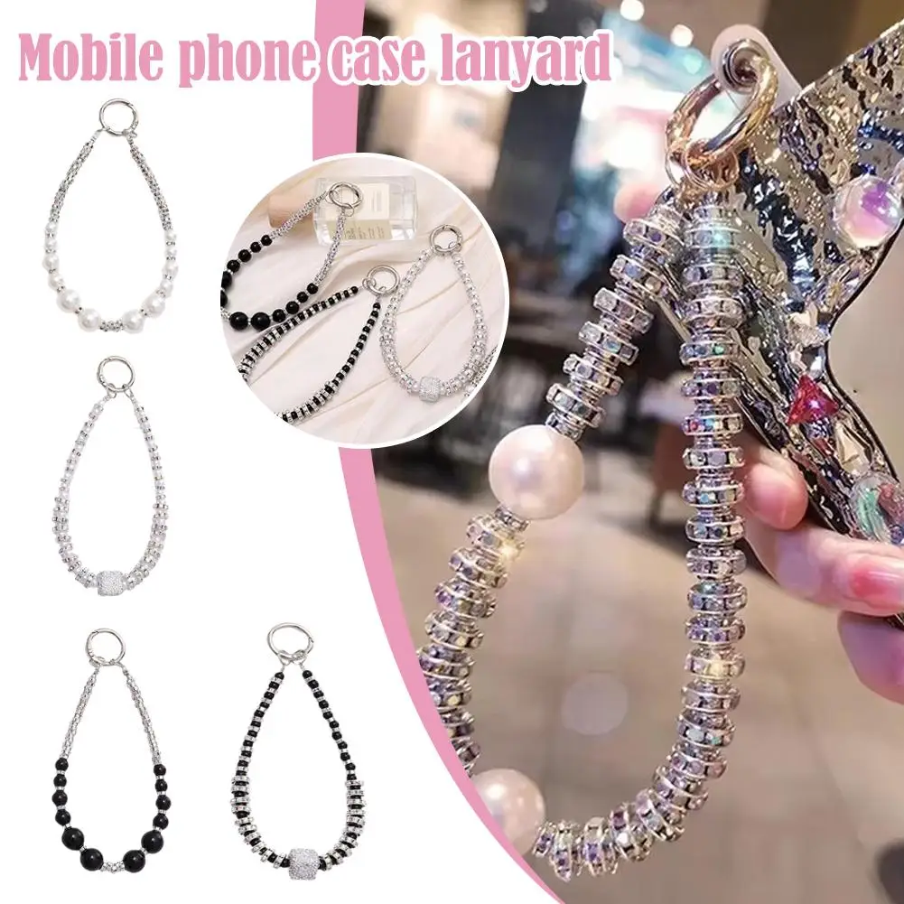 Luxury Diamond-encrusted Wrist Chain Short Pearl Diamond Mobile Phone Universal Lanyard Diamond Anti-lost Pendant Case W8Z3