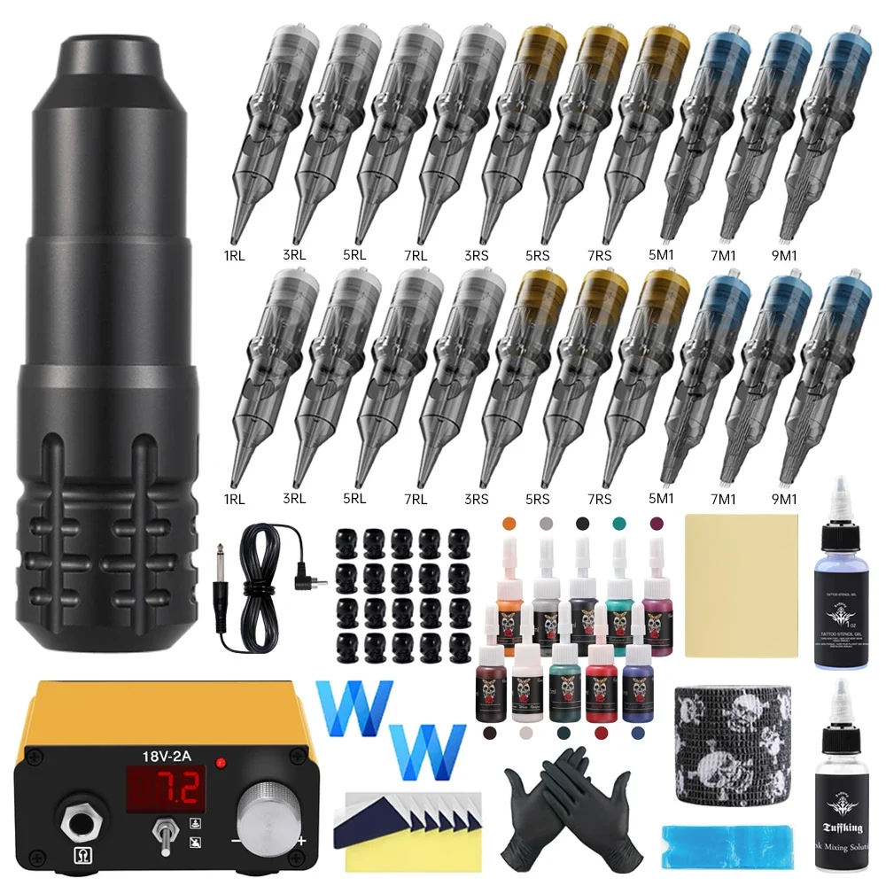 

Tattoo Kit Complete Set Wireless Rotary Tattoo Machine Pen Kit DC Jack with 20pc Cartridge Needles Permanent Makeup Tattoo Set