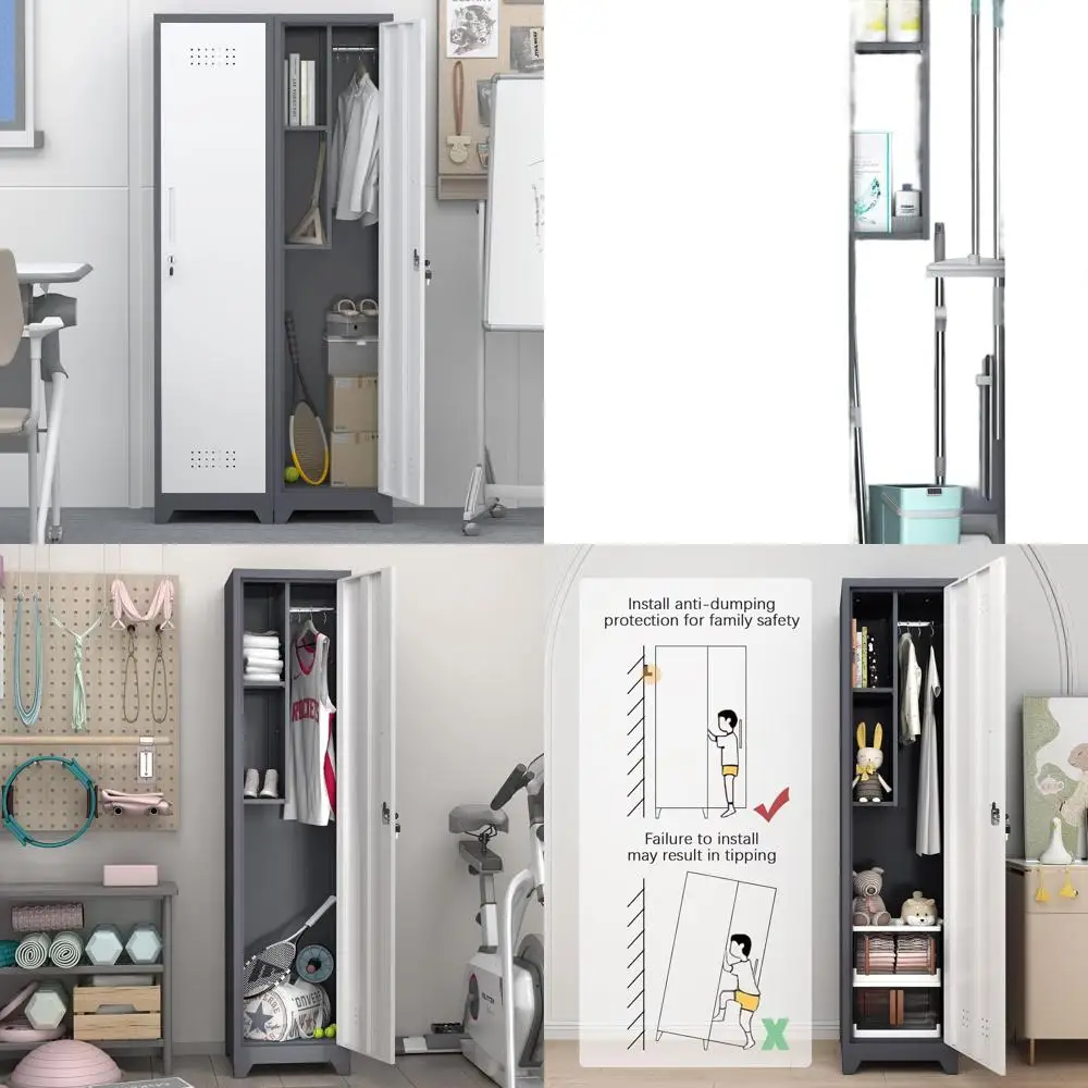 

65 Tall Steel Storage Cabinet with Lockable Door and Shelves for Utility, Laundry, and Bathroom Use in White & Grey