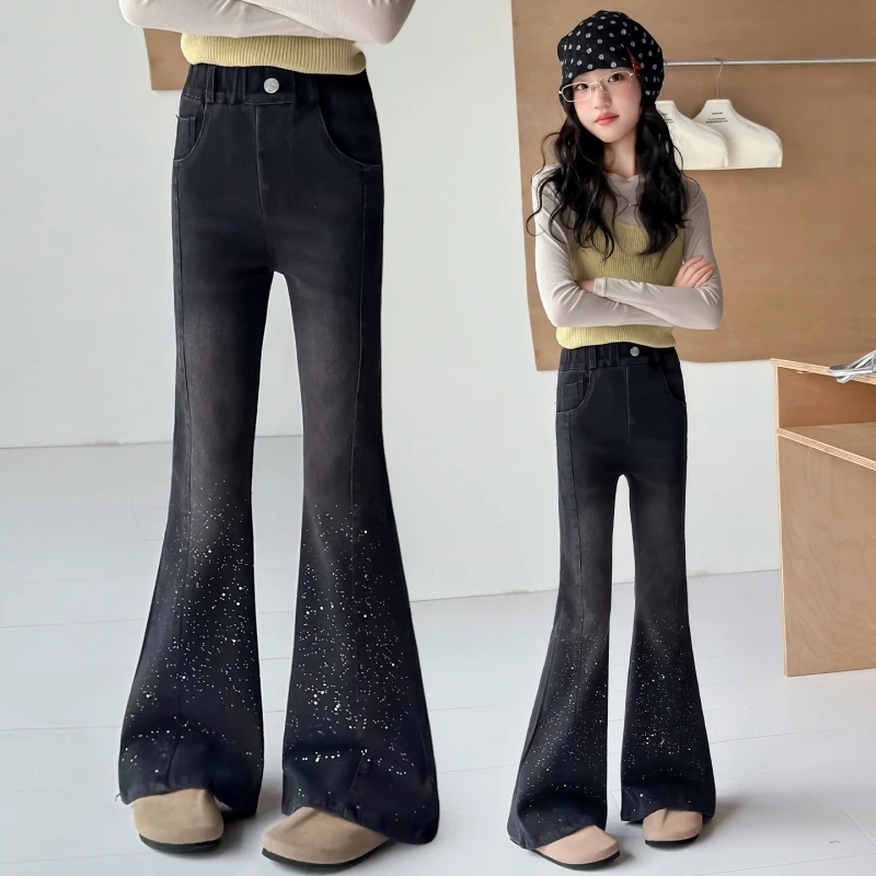 Girls High Stretch Flared Denim Jeans Side Seam Spliced Glitter Splash Bell‑Bottom Pants Black Washed Spring Autumn Kids Casual