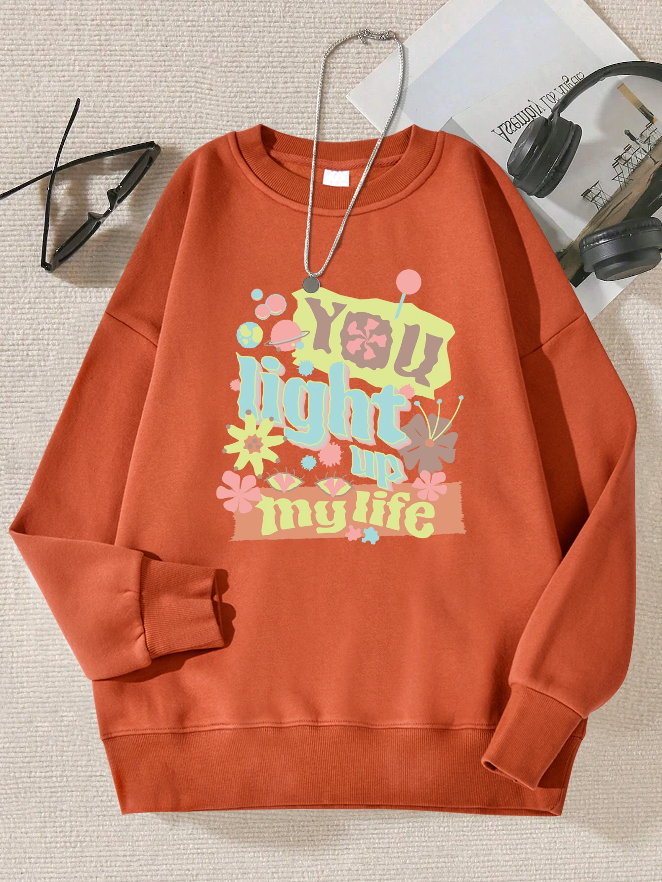 You Light Up My Life Colorful Letter Design Women Sweatshirt Korean Fleece Pullovers Simple Crewneck Top Street Hip Hop Clothes