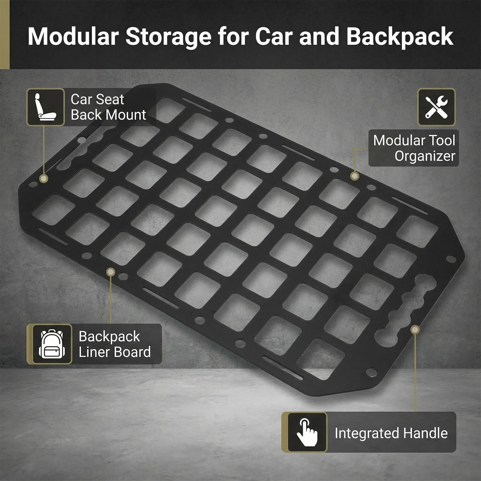 Car Seat Back Molle Panel with Handle Aluminum Alloy Modular Storage Tool Organizer 16.54x10.04 Inch