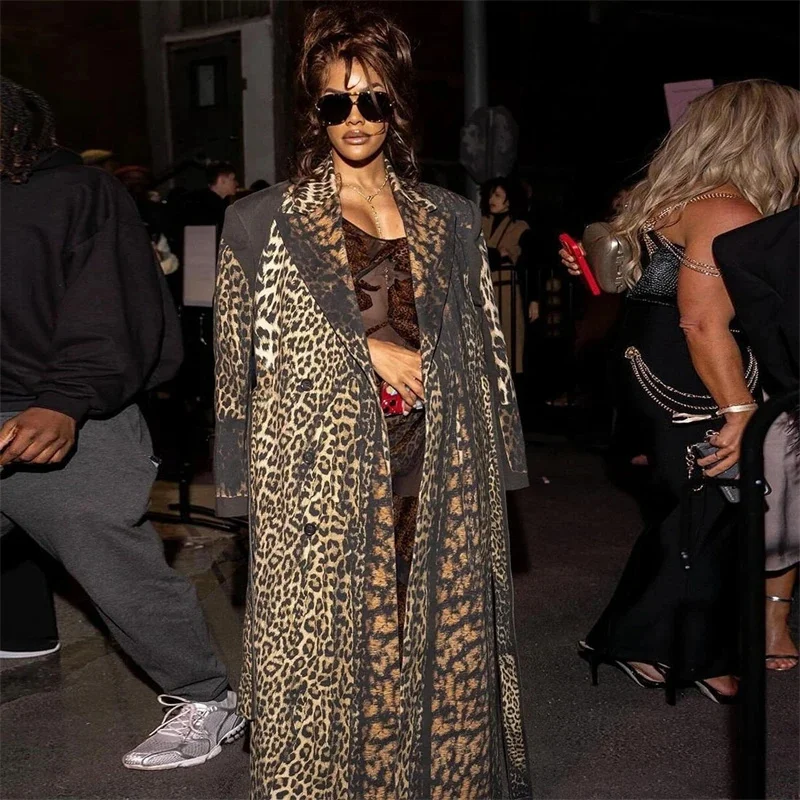 Leopard Print Trench Coat For Women With Lapel Neck Full Sleeves Adjustable Belt Fall Winter Street Style Casual Outwear Jacket