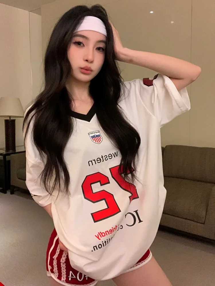 ADAgirl Sports Letter Graphic T Shirts for Women Short Shoulder Contrast V-neck Loose Tops Streetwear Football Clothes Summer