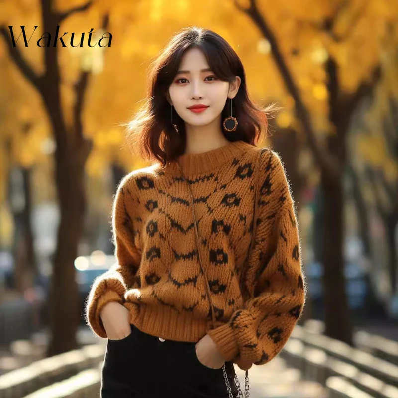 WAKUTA Elegant Round Neck Long Sleeve Caramel Color Thick Line Jumper Sweet Wind Loose Small Fragrant Style Sweater Sueter Mujer