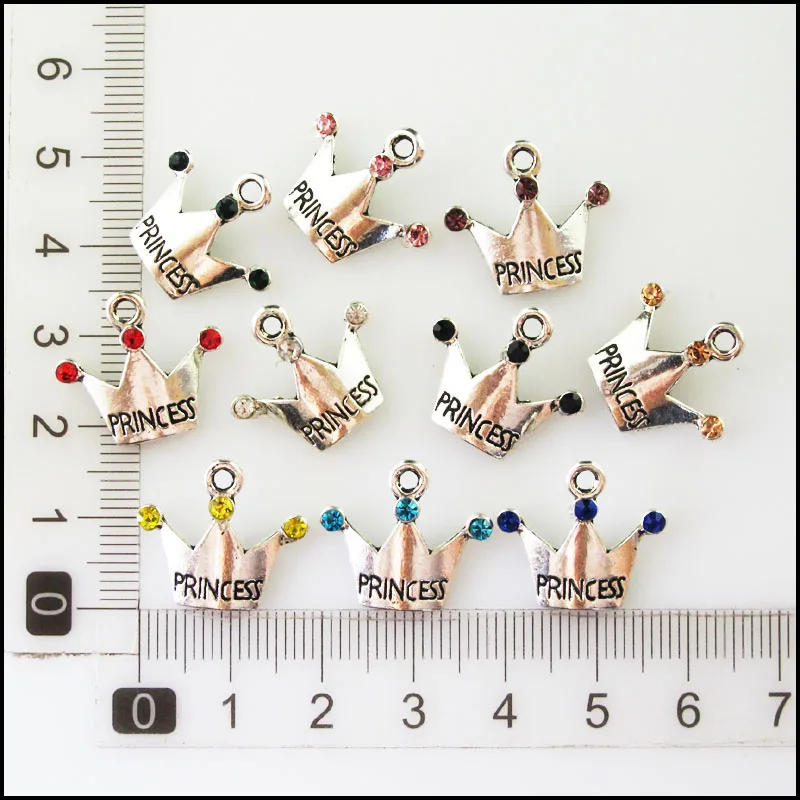 20Pcs Mixed Crystal Antique Silver Color Princess Crown Charms Pendants 17x19mm