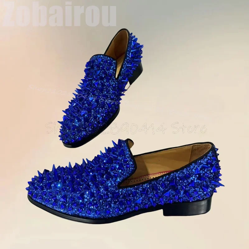 

Blue Glitter Spikes Decor Square Toe Men Loafers Fashion Slip On Men Shoes Luxury Handmade Party Feast Banquet Men Casual Shoes