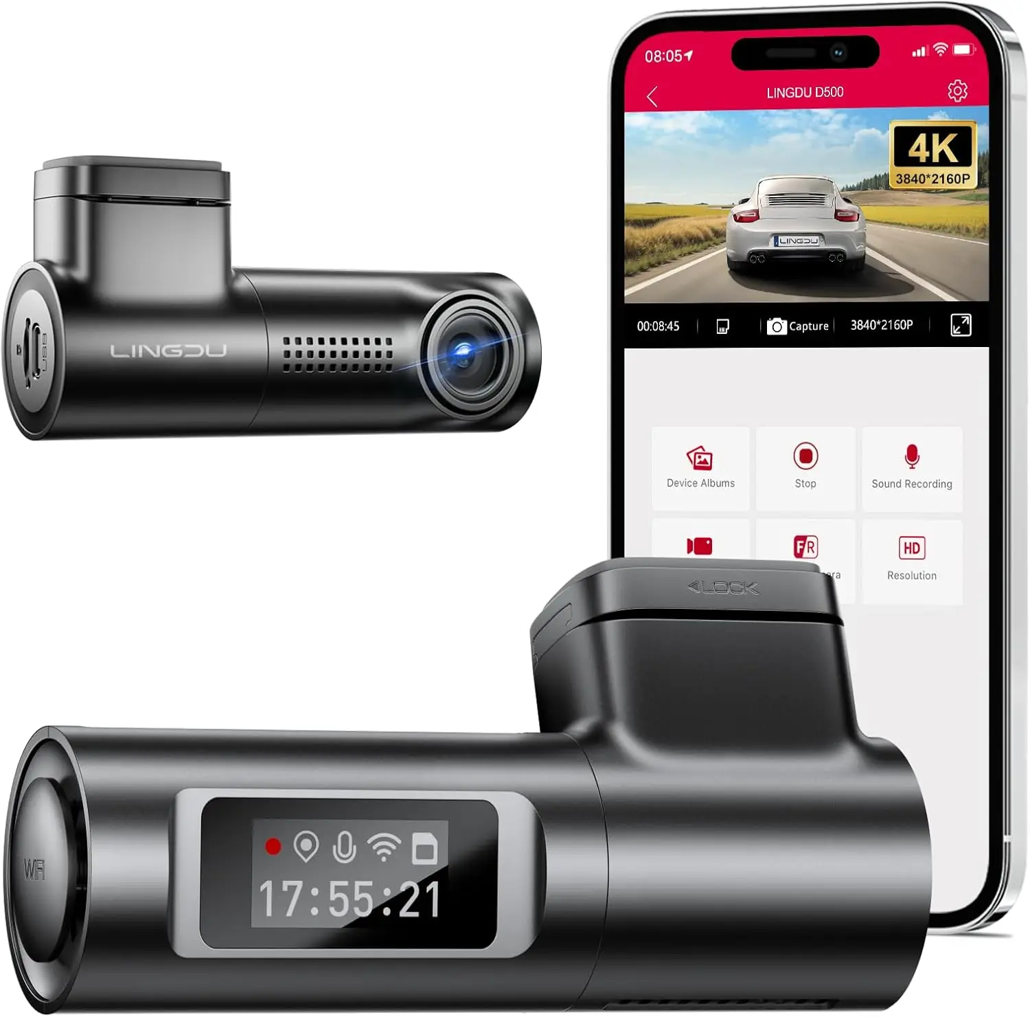 Caméra de voiture D500 4K avec WiFi/GPS, 150 °   Grand angle, vision nocturne, mode stationnement
