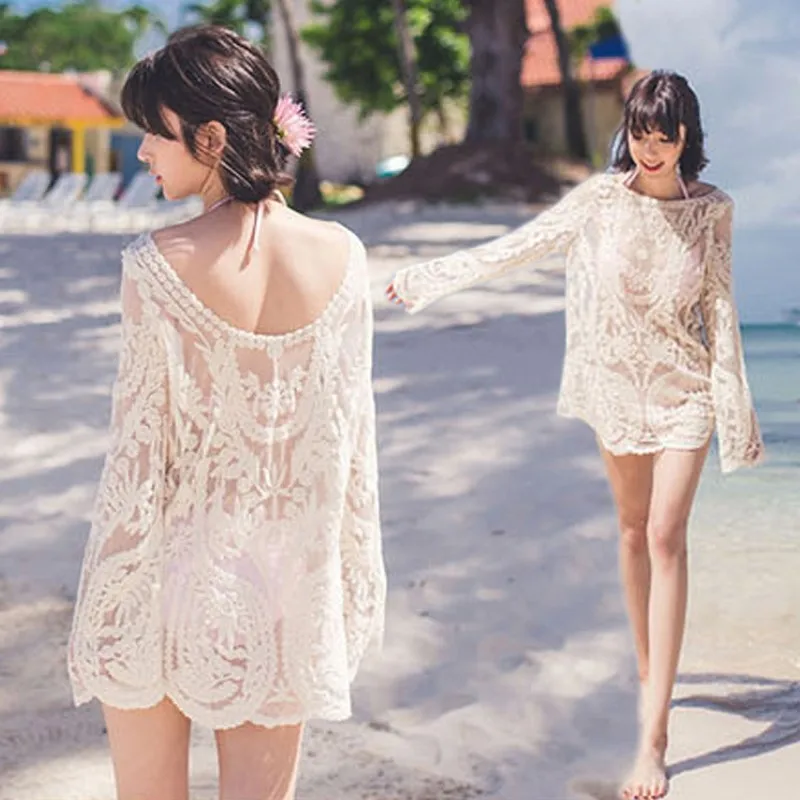 

Vacation Beach Lace Cardigan Women's Sun Protection Swimsuit Bikini Hollowed Out Loose Layered Cover Up Jacket Small Shirt Y286