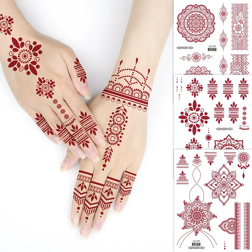 Maroon Henna Tattoo for Hand Foot Body Waterproof Temporary Tattoos for Women Disposable Fake Hena Stickers Festival