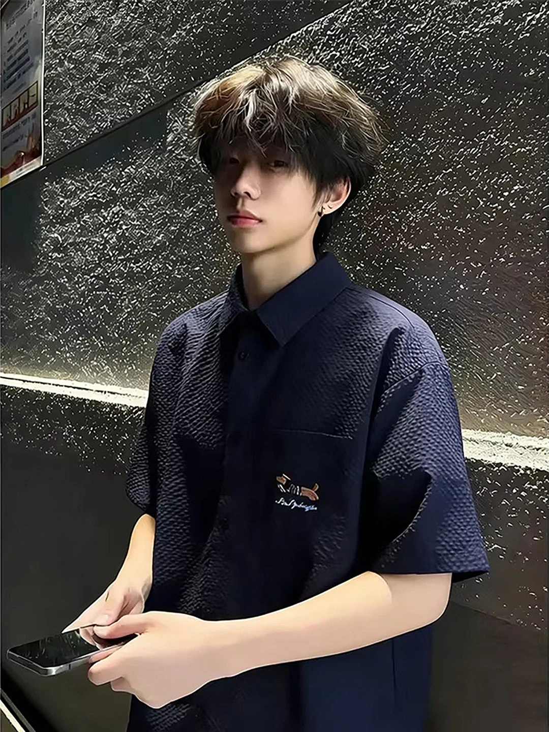 

Ice Silk Bubble Cloth ort Sve Embroidered irt Men's Summer Sun Protection Retro oulder Jaet Loose Fit Youth Trend