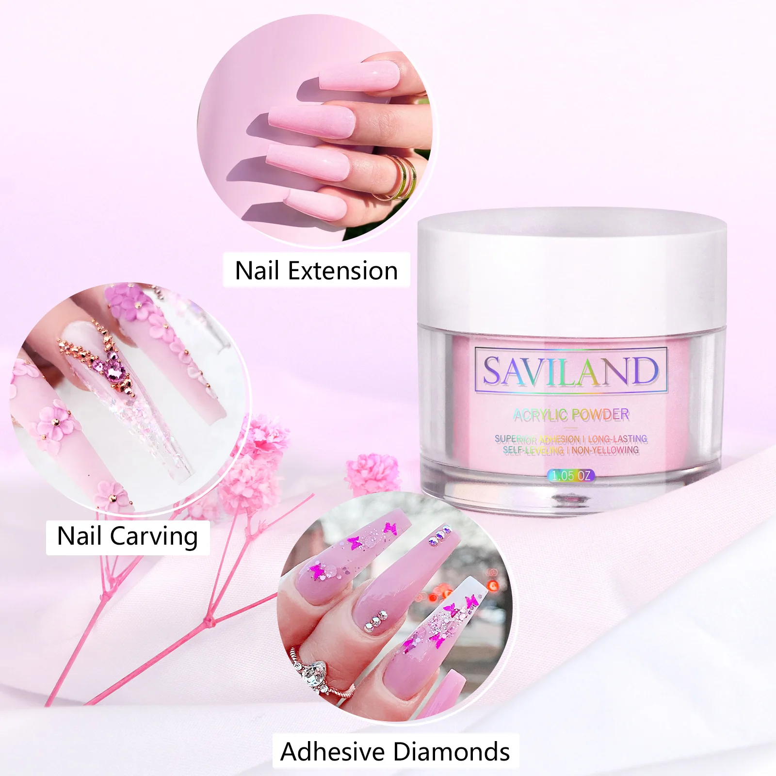 Saviland 30g Nail Acrylic Powder Pink Carving Crystal Polymer Builder Nails Extension Art No Need Nail Lamp for Nail DIY Salon