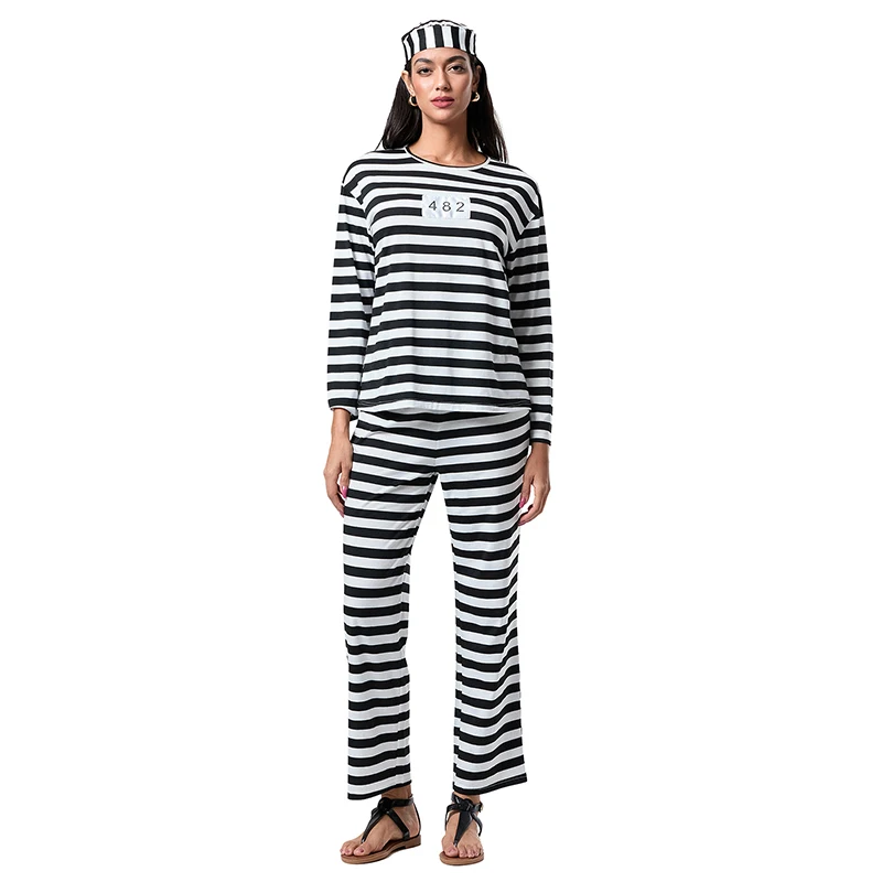 Women Halloween Prisoner Costume Set Striped Long Sleeve Tops Long Pants Hat Funny Cosplay Clothes