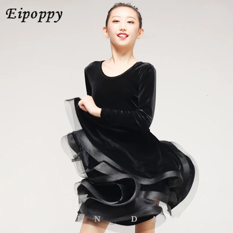 Neue Winter Latin Dance Rock Kinder weibliche schwarze Latin Dance Kleidung lang ärmel ige Mädchen Performance Training Kleidung